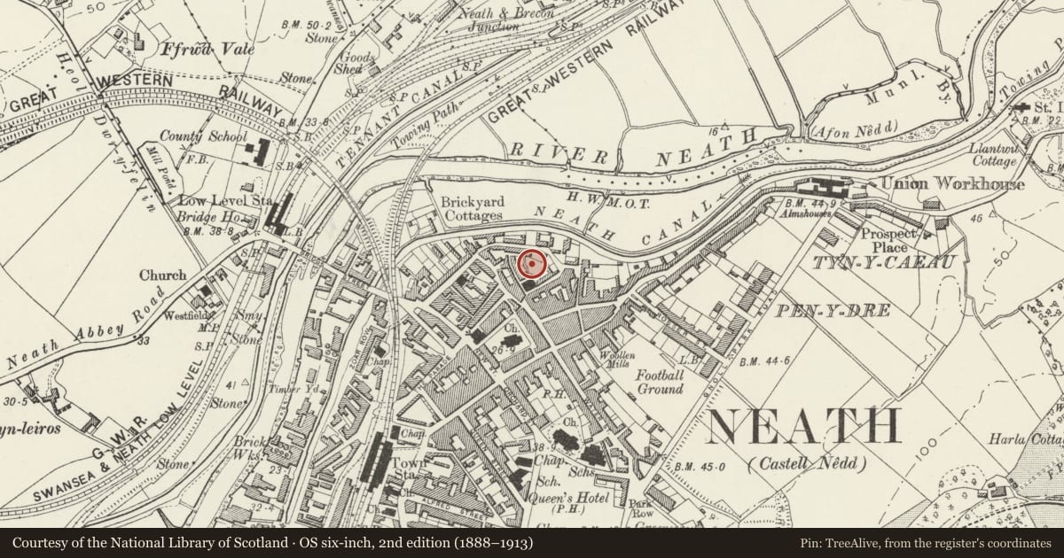 Ordnance Survey six-inch map, 2nd edition (1888–1913) covering the location of Neath Castle, Neath Port Talbot, with a pin at the register's coordinates