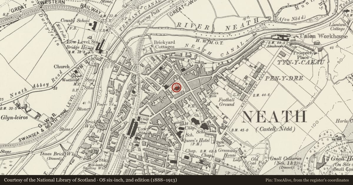 Ordnance Survey six-inch map, 2nd edition (1888–1913) covering the location of Old Town Church of St Thomas, Neath, Neath Port Talbot, with a pin at the register's coordinates