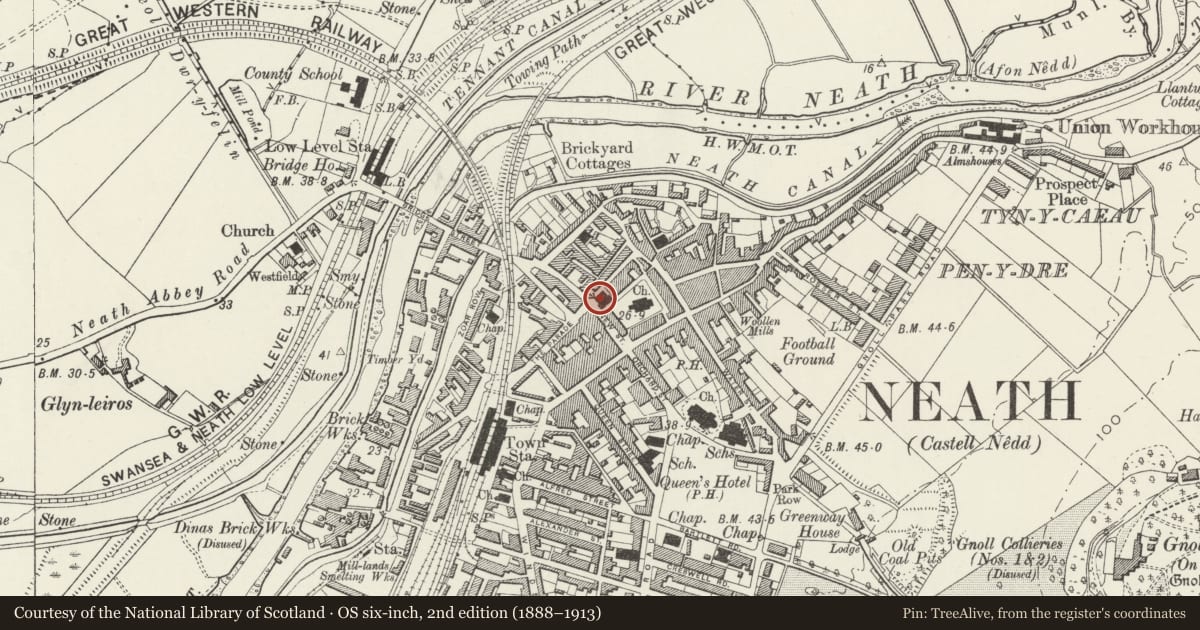 Ordnance Survey six-inch map, 2nd edition (1888–1913) covering the location of Old Town Hall, Neath, Neath Port Talbot, with a pin at the register's coordinates