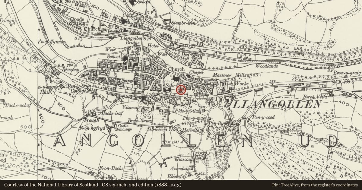 Ordnance Survey six-inch map, 2nd edition (1888–1913) covering the location of 6 Cross Lane, Llangollen, Denbighshire, with a pin at the register's coordinates