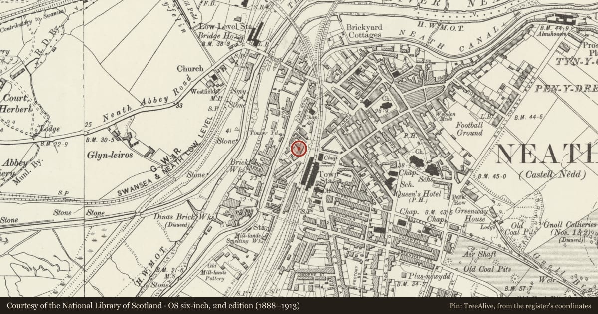 Ordnance Survey six-inch map, 2nd edition (1888–1913) covering the location of E.Griffiths, Family Grocer, Neath, Neath Port Talbot, with a pin at the register's coordinates