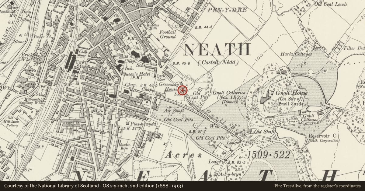 Ordnance Survey six-inch map, 2nd edition (1888–1913) covering the location of Former Gate & Lodges to Gnoll House, Neath, Neath Port Talbot, with a pin at the register's coordinates