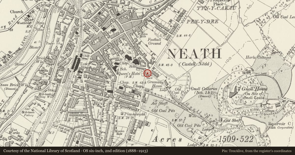 Ordnance Survey six-inch map, 2nd edition (1888–1913) covering the location of Pillar Box, Neath, Neath Port Talbot, with a pin at the register's coordinates