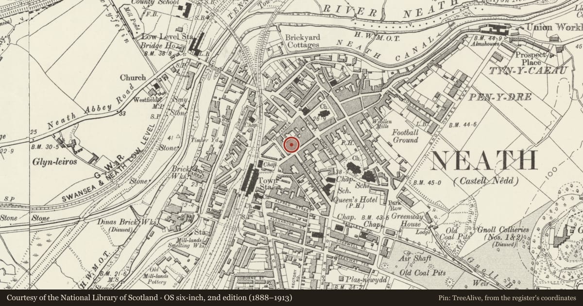 Ordnance Survey six-inch map, 2nd edition (1888–1913) covering the location of General Market, Neath, Neath Port Talbot, with a pin at the register's coordinates