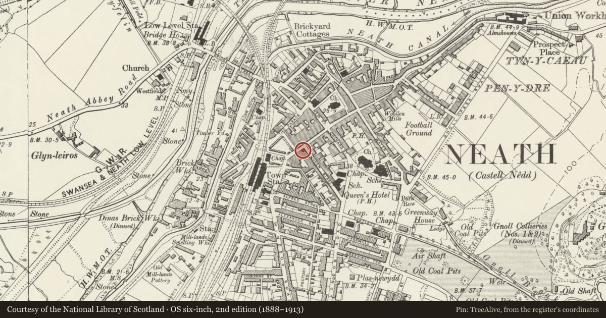 Ordnance Survey six-inch map, 2nd edition (1888–1913) covering the location of 23 Green Street, Neath, Neath Port Talbot, with a pin at the register's coordinates