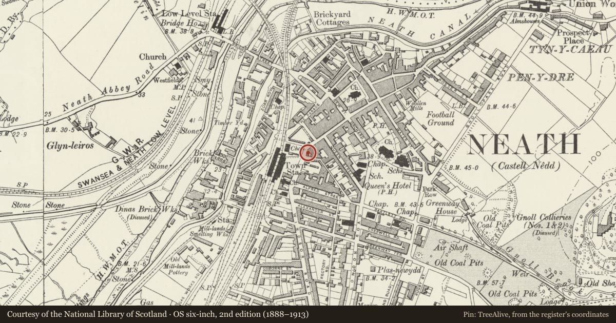 Ordnance Survey six-inch map, 2nd edition (1888–1913) covering the location of National Westminster Bank, Neath, Neath Port Talbot, with a pin at the register's coordinates