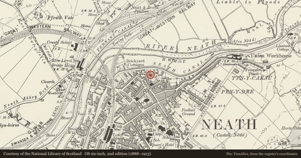 Ordnance Survey six-inch map, 2nd edition (1888–1913) covering the location of Friends Meeting House, Neath, Neath Port Talbot, with a pin at the register's coordinates