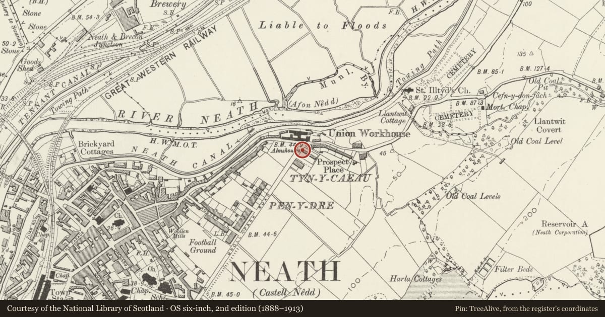 Ordnance Survey six-inch map, 2nd edition (1888–1913) covering the location of Llewellyn Almshouses, including Boundary Walls, Neath, Neath Port Talbot, with a pin at the register's coordinates