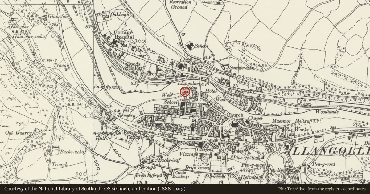 Ordnance Survey six-inch map, 2nd edition (1888–1913) covering the location of Dee Mill, Llangollen, Denbighshire, with a pin at the register's coordinates