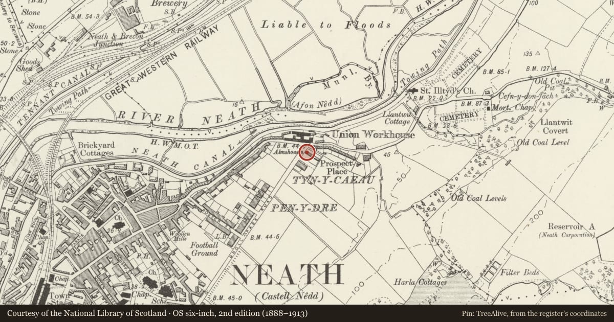 Ordnance Survey six-inch map, 2nd edition (1888–1913) covering the location of Llewellyn Almshouses, including Boundary Walls, Neath, Neath Port Talbot, with a pin at the register's coordinates