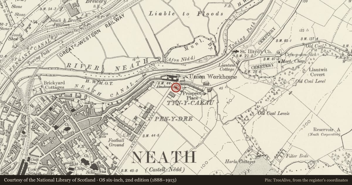 Ordnance Survey six-inch map, 2nd edition (1888–1913) covering the location of Llewellyn Almshouses, including Boundary Walls, Neath, Neath Port Talbot, with a pin at the register's coordinates
