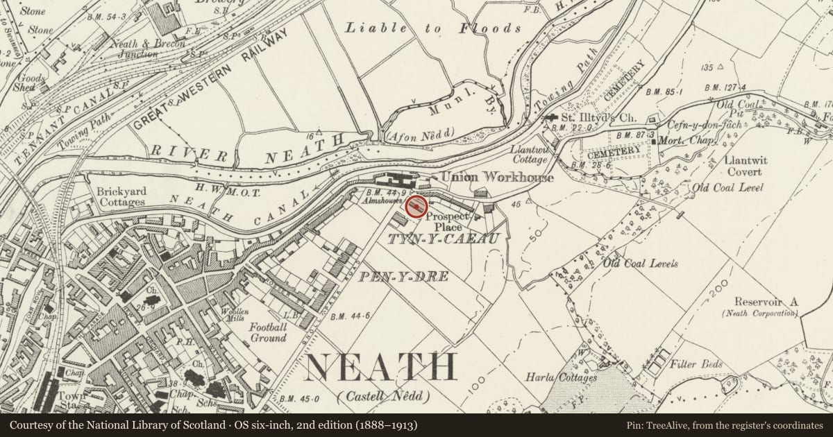 Ordnance Survey six-inch map, 2nd edition (1888–1913) covering the location of Llewellyn Almshouses, including Boundary Walls, Neath, Neath Port Talbot, with a pin at the register's coordinates