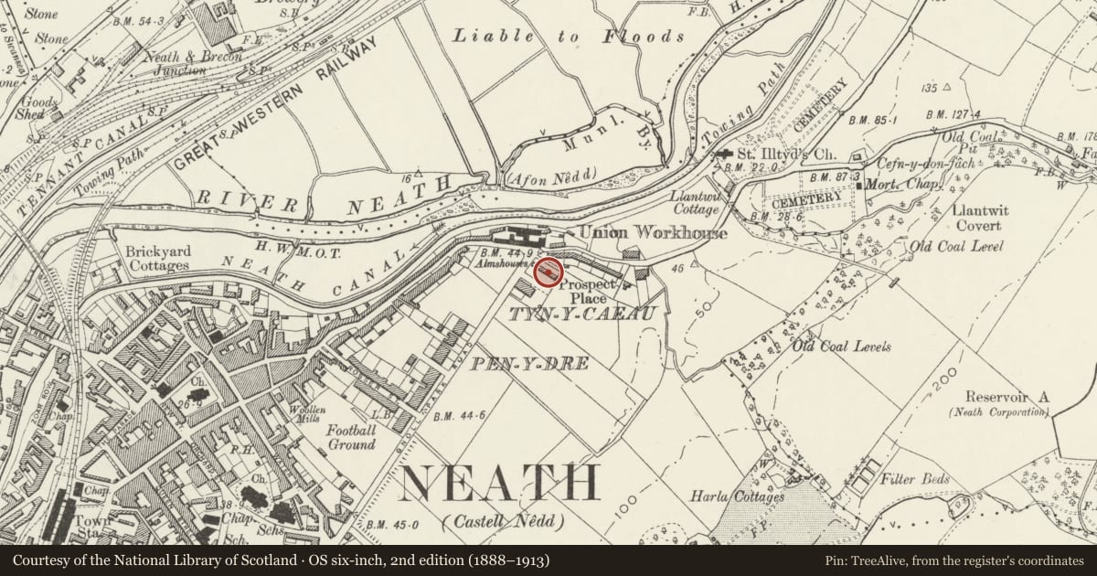 Ordnance Survey six-inch map, 2nd edition (1888–1913) covering the location of Llewellyn Almshouses, including Boundary Walls, Neath, Neath Port Talbot, with a pin at the register's coordinates