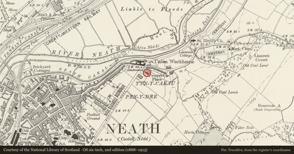 Ordnance Survey six-inch map, 2nd edition (1888–1913) covering the location of Llewellyn Almshouses, including Boundary Walls, Neath, Neath Port Talbot, with a pin at the register's coordinates
