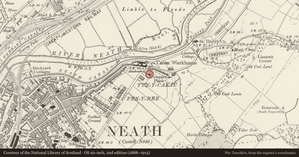 Ordnance Survey six-inch map, 2nd edition (1888–1913) covering the location of Llewellyn Almshouses, including Boundary Walls, Neath, Neath Port Talbot, with a pin at the register's coordinates