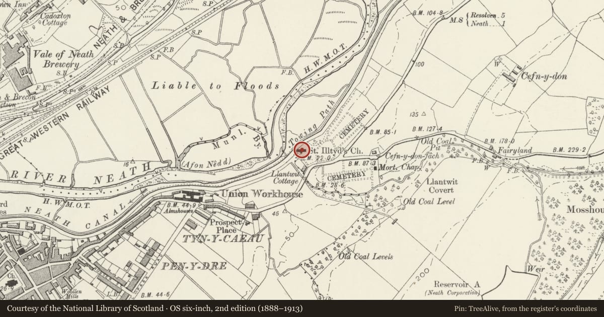 Ordnance Survey six-inch map, 2nd edition (1888–1913) covering the location of Parish Church of St Illtyd, Neath, Neath Port Talbot, with a pin at the register's coordinates