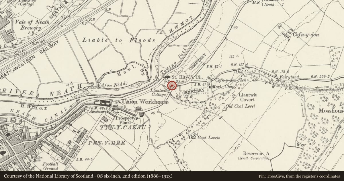 Ordnance Survey six-inch map, 2nd edition (1888–1913) covering the location of Gatepiers to St Illtyd's Church, Neath, Neath Port Talbot, with a pin at the register's coordinates