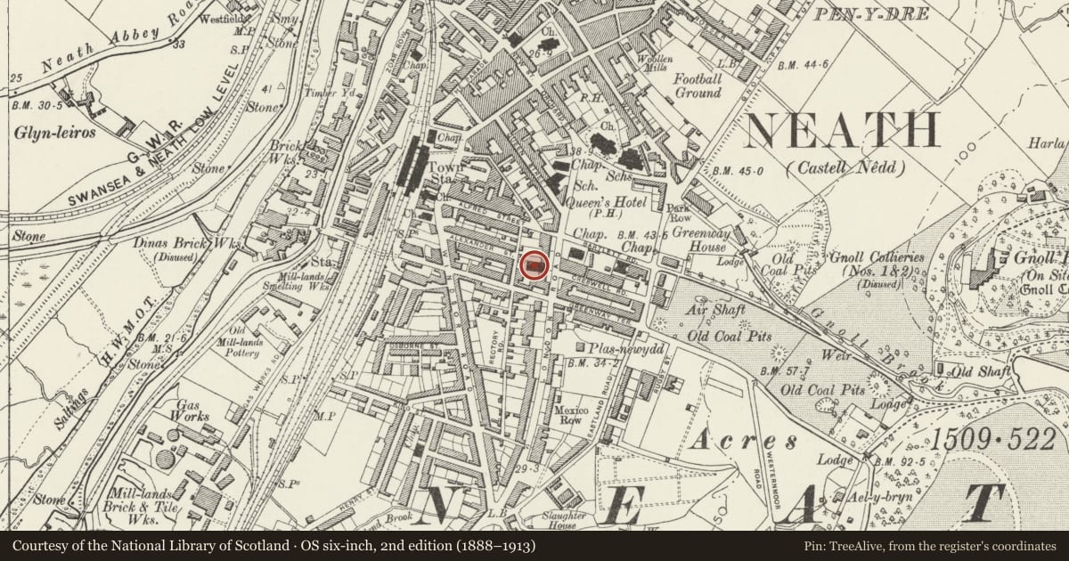 Ordnance Survey six-inch map, 2nd edition (1888–1913) covering the location of Bethania Baptist Chapel, Neath, Neath Port Talbot, with a pin at the register's coordinates