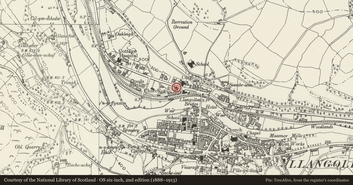 Ordnance Survey six-inch map, 2nd edition (1888–1913) covering the location of Green Lodge, Llangollen, Denbighshire, with a pin at the register's coordinates