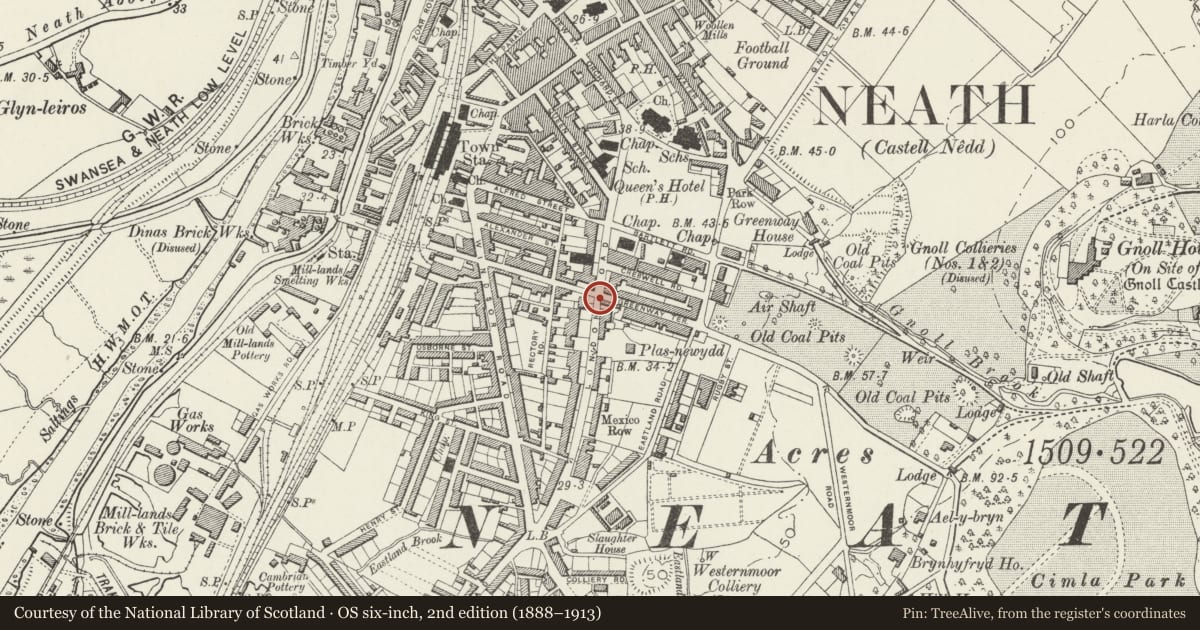 Ordnance Survey six-inch map, 2nd edition (1888–1913) covering the location of Pillar Box, Neath, Neath Port Talbot, with a pin at the register's coordinates
