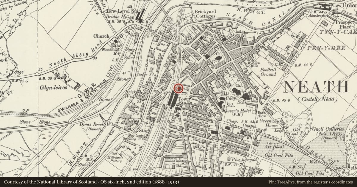 Ordnance Survey six-inch map, 2nd edition (1888–1913) covering the location of Soar Maes-yr-haf Congregational Chapel and forecourt railings, Neath, Neath Port Talbot, with a pin at the register's coordinates