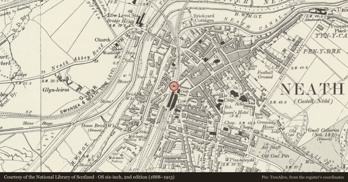 Ordnance Survey six-inch map, 2nd edition (1888–1913) covering the location of Subway Under Railway, Neath, Neath Port Talbot, with a pin at the register's coordinates