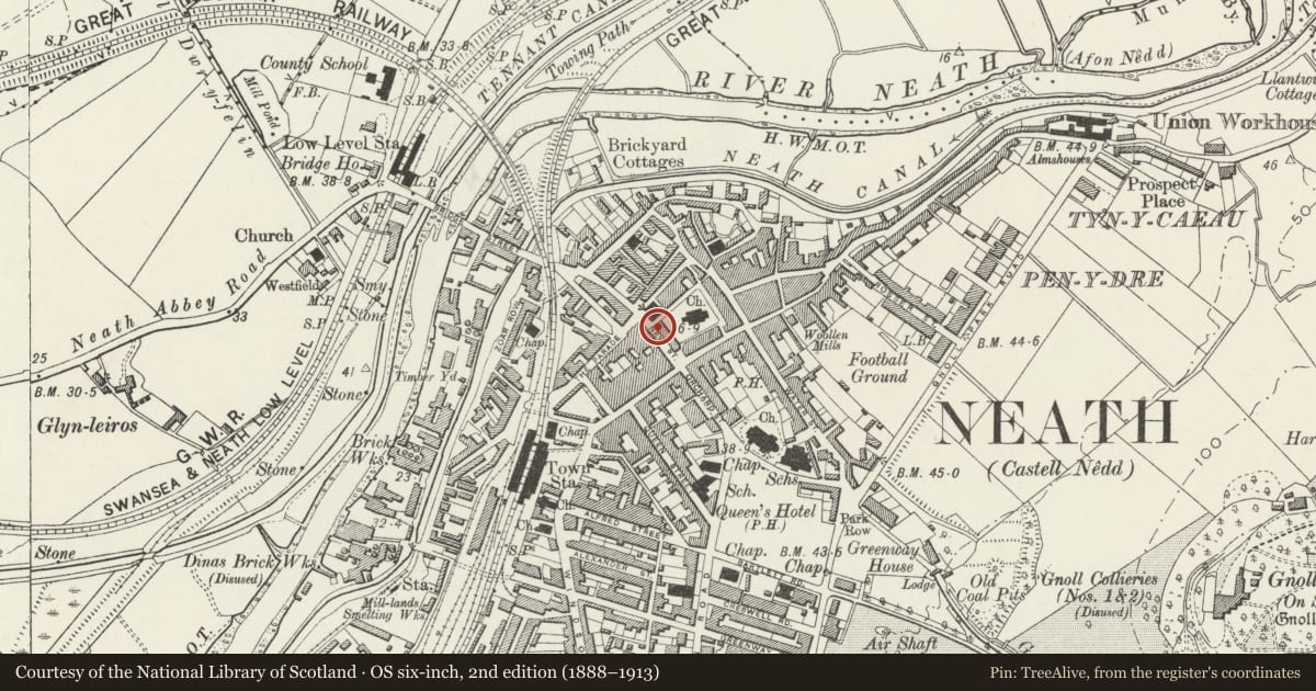 Ordnance Survey six-inch map, 2nd edition (1888–1913) covering the location of 6 New Street, Neath, Neath Port Talbot, with a pin at the register's coordinates