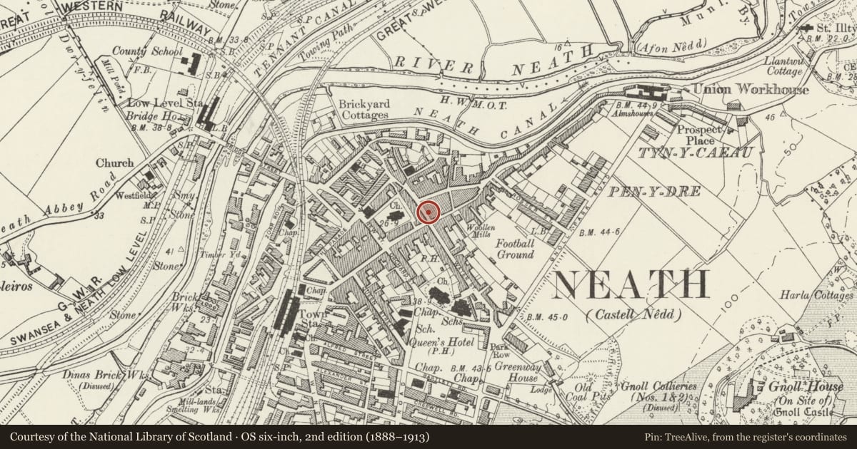 Ordnance Survey six-inch map, 2nd edition (1888–1913) covering the location of 1 Old Market Street, Neath, Neath Port Talbot, with a pin at the register's coordinates