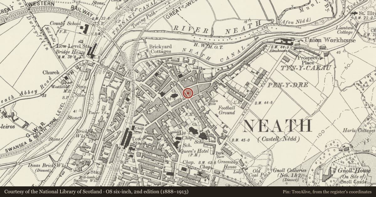 Ordnance Survey six-inch map, 2nd edition (1888–1913) covering the location of 2 Old Market Street, Neath, Neath Port Talbot, with a pin at the register's coordinates