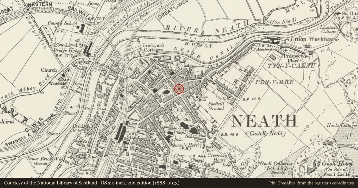 Ordnance Survey six-inch map, 2nd edition (1888–1913) covering the location of 3 Old Market Street, Neath, Neath Port Talbot, with a pin at the register's coordinates