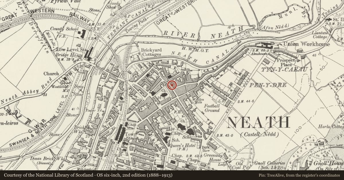 Ordnance Survey six-inch map, 2nd edition (1888–1913) covering the location of 6 Old Market Street, Neath, Neath Port Talbot, with a pin at the register's coordinates