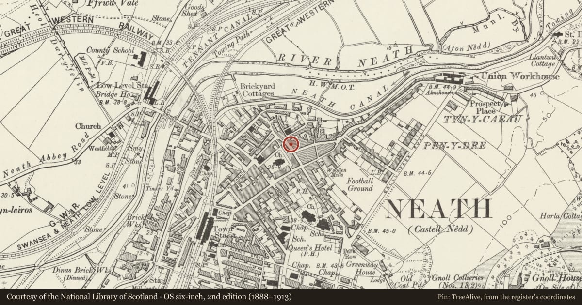 Ordnance Survey six-inch map, 2nd edition (1888–1913) covering the location of 7 Market Street, Neath, Neath Port Talbot, with a pin at the register's coordinates