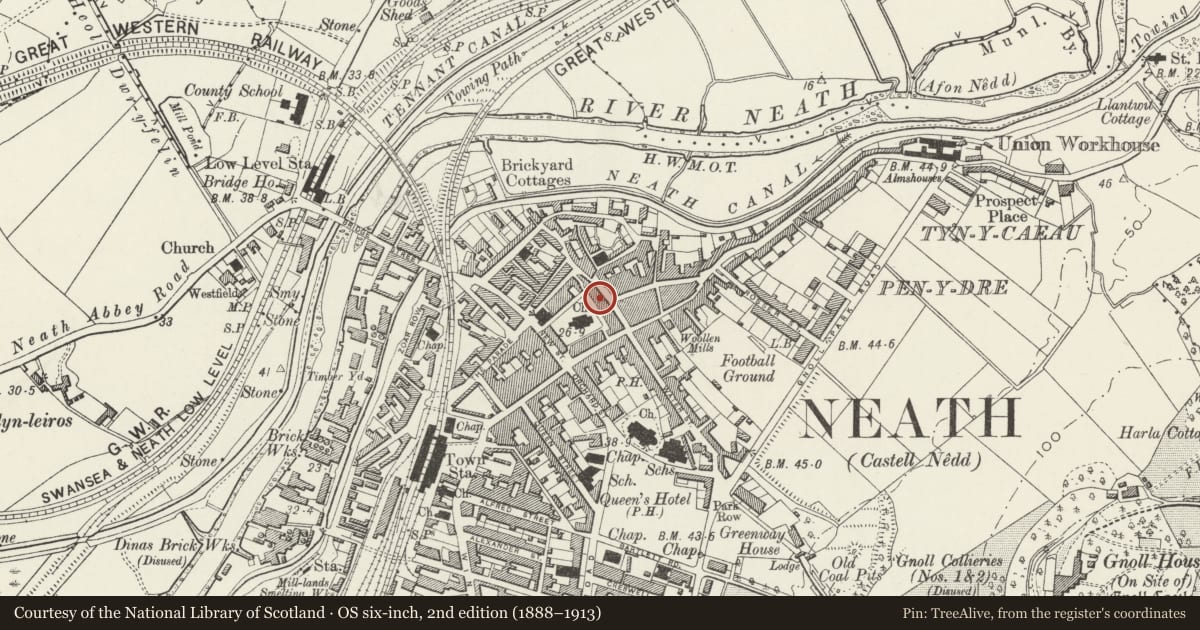 Ordnance Survey six-inch map, 2nd edition (1888–1913) covering the location of The St Ives Public House, Neath, Neath Port Talbot, with a pin at the register's coordinates