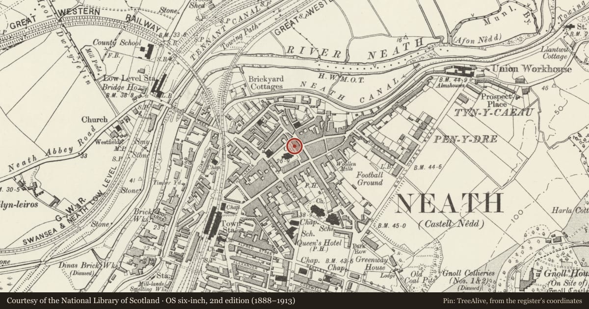 Ordnance Survey six-inch map, 2nd edition (1888–1913) covering the location of 24 Church Street, Neath, Neath Port Talbot, with a pin at the register's coordinates