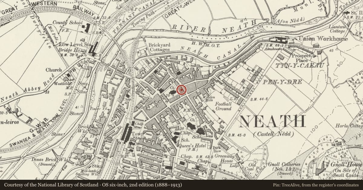 Ordnance Survey six-inch map, 2nd edition (1888–1913) covering the location of 15 Market Street, Neath, Neath Port Talbot, with a pin at the register's coordinates