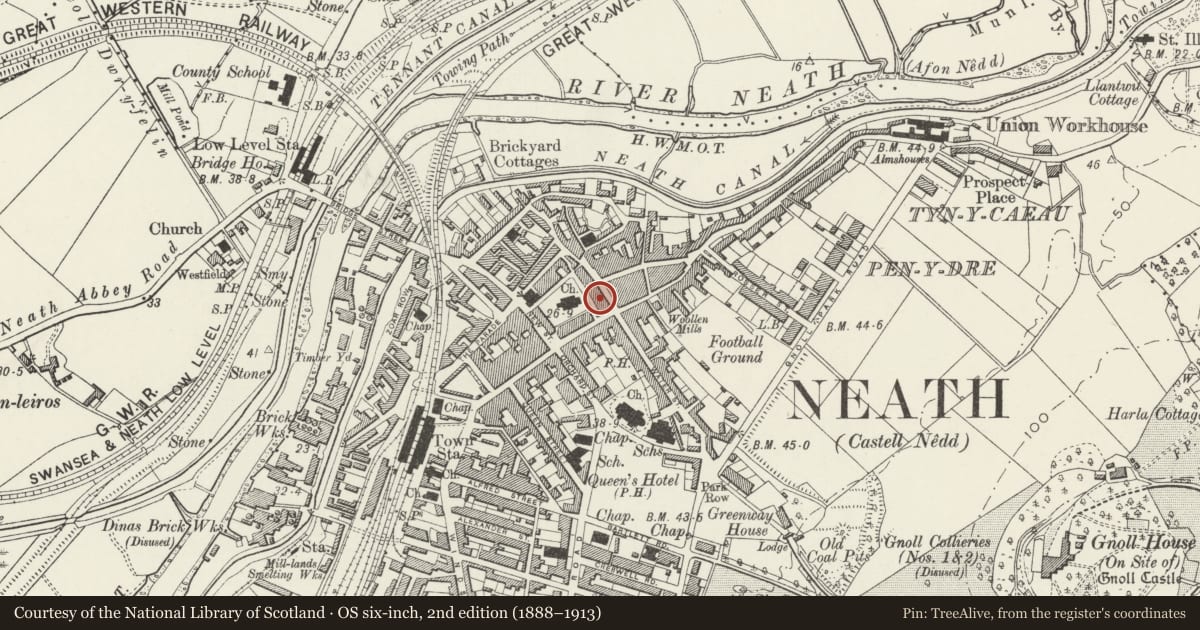 Ordnance Survey six-inch map, 2nd edition (1888–1913) covering the location of 16 Old Market Street, Neath, Neath Port Talbot, with a pin at the register's coordinates