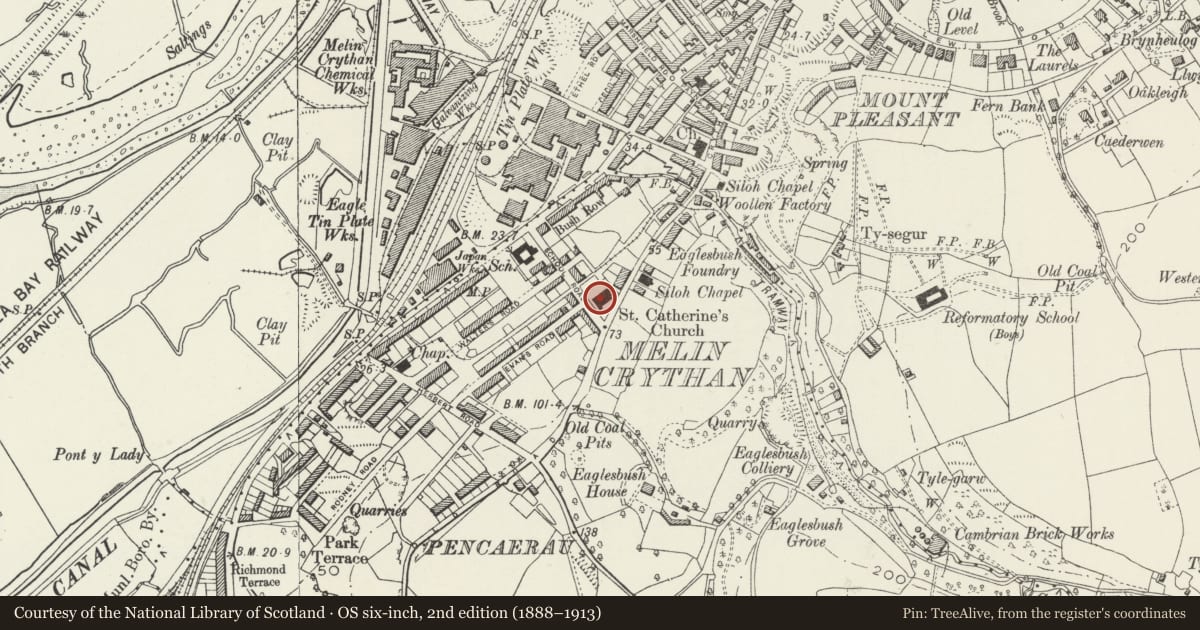 Ordnance Survey six-inch map, 2nd edition (1888–1913) covering the location of St Catherine's Church, Neath, Neath Port Talbot, with a pin at the register's coordinates