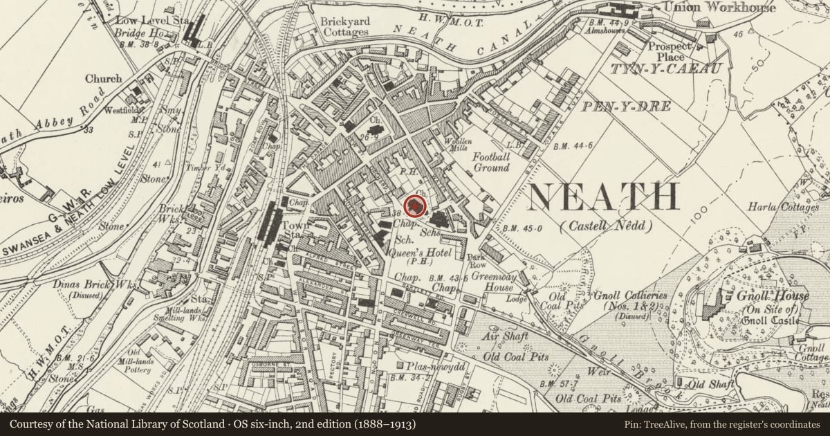 Ordnance Survey six-inch map, 2nd edition (1888–1913) covering the location of Parish Church of St David, Neath, Neath Port Talbot, with a pin at the register's coordinates