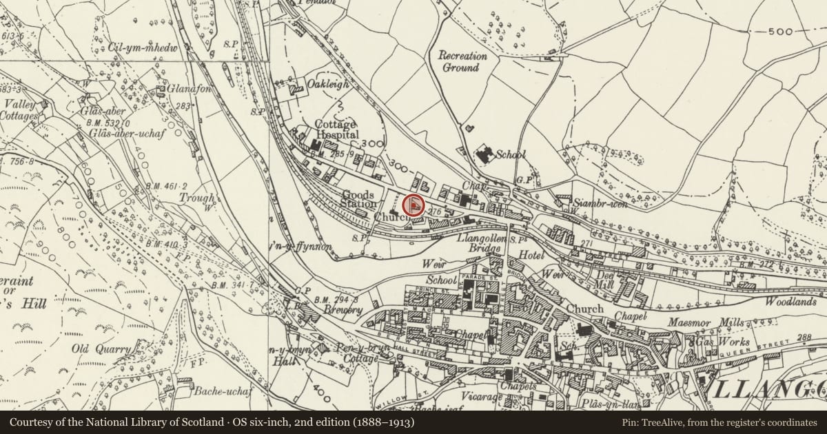Ordnance Survey six-inch map, 2nd edition (1888–1913) covering the location of Green Villa, Llangollen, Denbighshire, with a pin at the register's coordinates