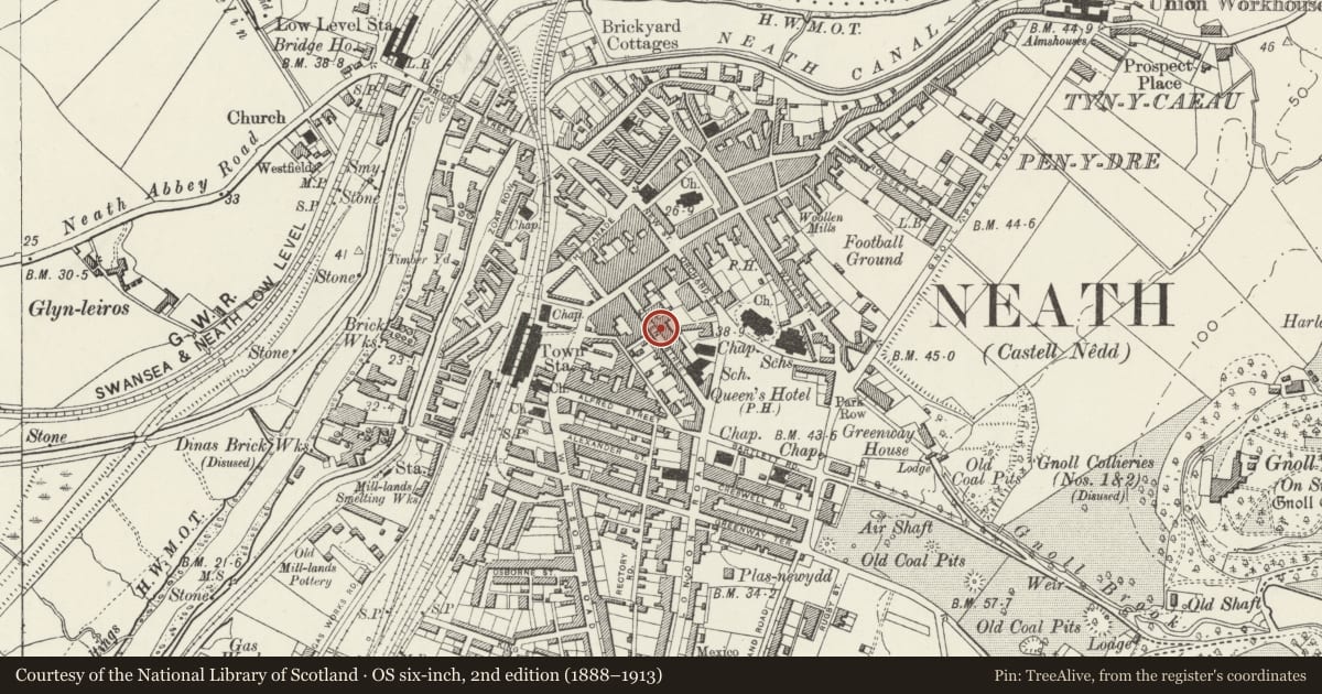 Ordnance Survey six-inch map, 2nd edition (1888–1913) covering the location of D S Morgan, Neath, Neath Port Talbot, with a pin at the register's coordinates