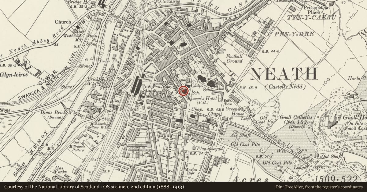Ordnance Survey six-inch map, 2nd edition (1888–1913) covering the location of Masonic Temple, Neath, Neath Port Talbot, with a pin at the register's coordinates