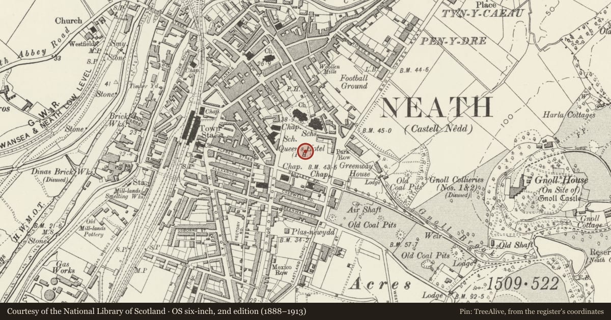 Ordnance Survey six-inch map, 2nd edition (1888–1913) covering the location of Bandstand, Neath, Neath Port Talbot, with a pin at the register's coordinates