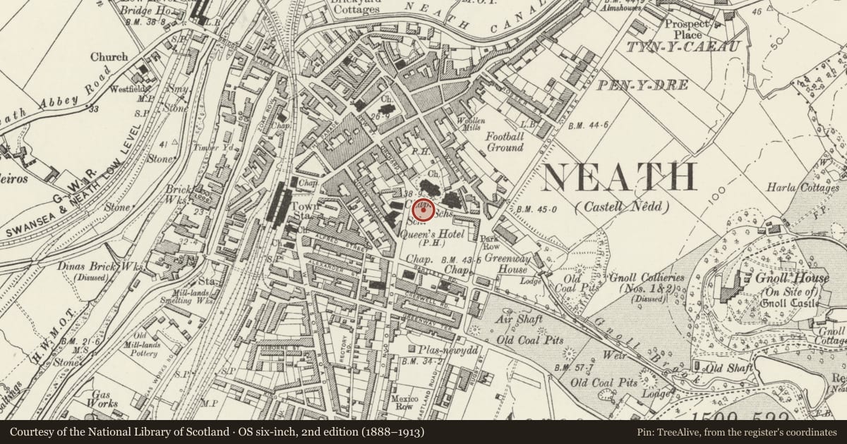 Ordnance Survey six-inch map, 2nd edition (1888–1913) covering the location of Pedestal & Bronze Statue of Howell Gwyn, Neath, Neath Port Talbot, with a pin at the register's coordinates