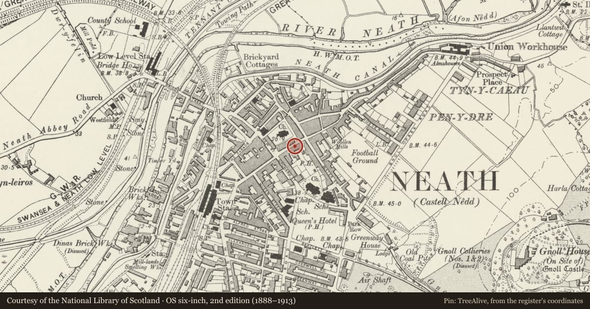 Ordnance Survey six-inch map, 2nd edition (1888–1913) covering the location of 8 Wind Street, Neath, Neath Port Talbot, with a pin at the register's coordinates
