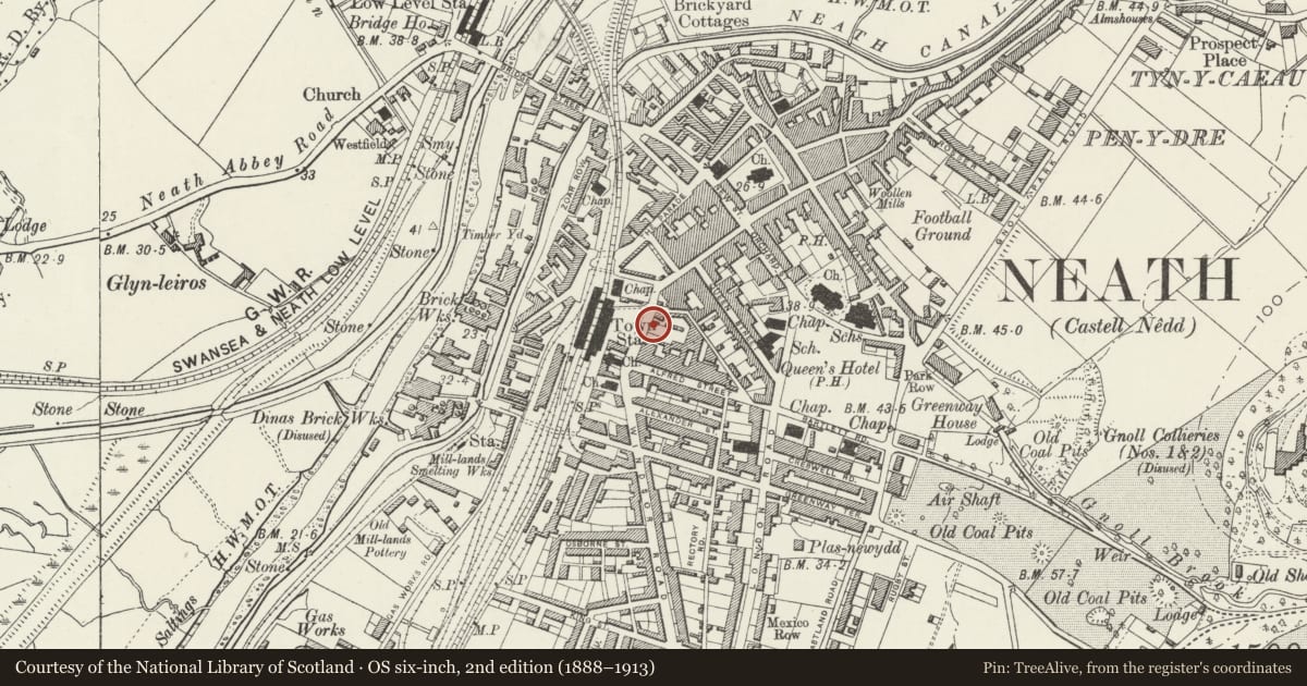 Ordnance Survey six-inch map, 2nd edition (1888–1913) covering the location of Midland Bank, Neath, Neath Port Talbot, with a pin at the register's coordinates