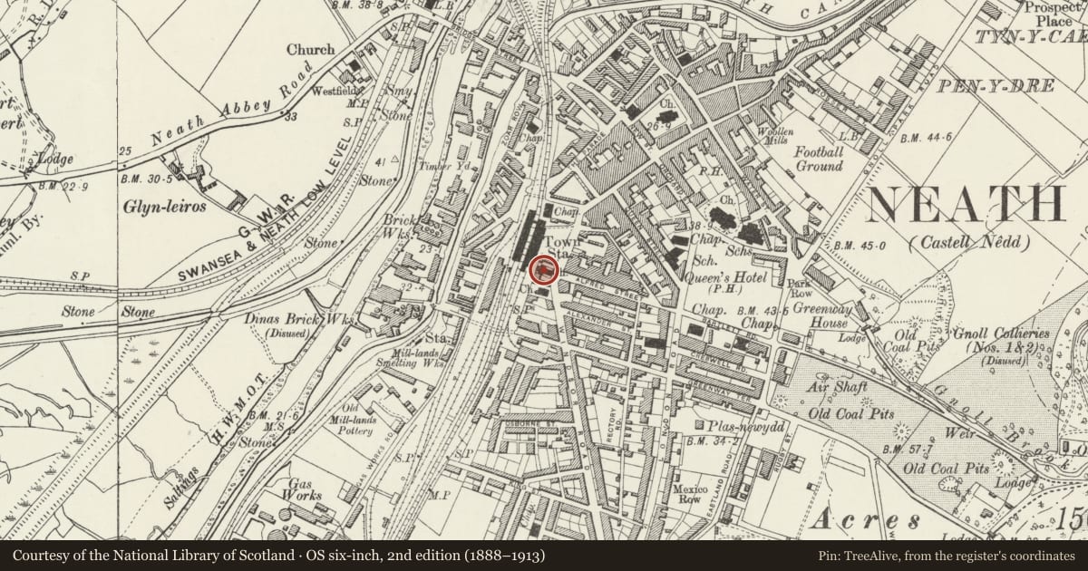 Ordnance Survey six-inch map, 2nd edition (1888–1913) covering the location of Old Post Office Building, Neath, Neath Port Talbot, with a pin at the register's coordinates