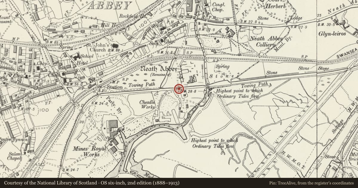 Ordnance Survey six-inch map, 2nd edition (1888–1913) covering the location of Bridge over Tennant Canal to S of entrance to Neath Abbey, Dyffryn Clydach, Neath Port Talbot, with a pin at the register's coordinates