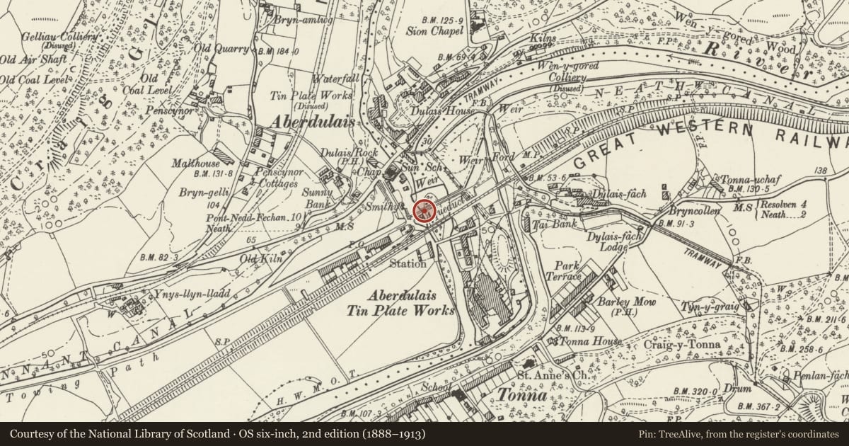 Ordnance Survey six-inch map, 2nd edition (1888–1913) covering the location of Aberdulais Lock on Tennant Canal, Blaenhonddan, Neath Port Talbot, with a pin at the register's coordinates