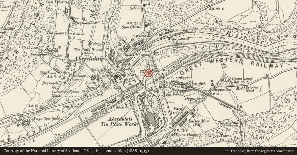 Ordnance Survey six-inch map, 2nd edition (1888–1913) covering the location of Aberdulais Basin at the head of the Tennant Canal, Tonna, Neath Port Talbot, with a pin at the register's coordinates
