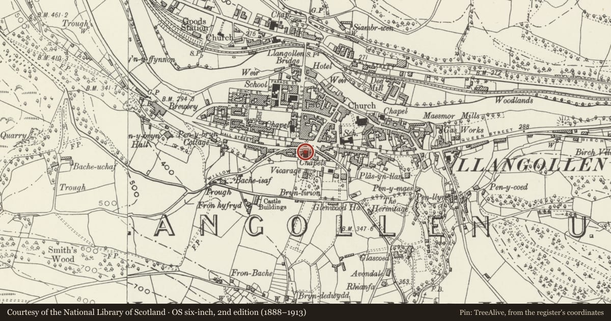 Ordnance Survey six-inch map, 2nd edition (1888–1913) covering the location of Former Rehoboth Chapel, Llangollen, Denbighshire, with a pin at the register's coordinates